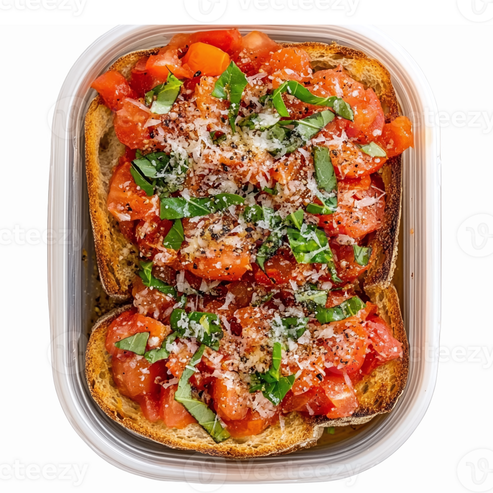 Delicious Bruschetta Topped Bread with Fresh Tomatoes and Basil Garnish png