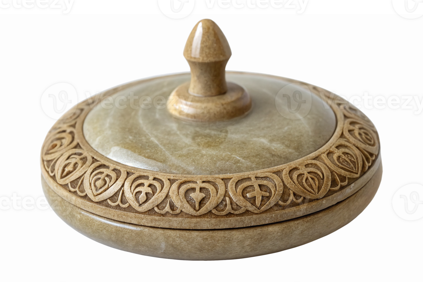 Elegant Decorative Stone Box with Intricate Carved Lid and Smooth Olive Green Finish png