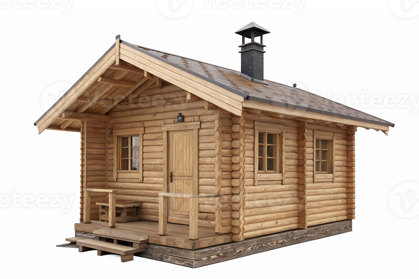 Rustic Wooden Log Cabin with Porch and Chimney for Cozy Retreats and Home Design png