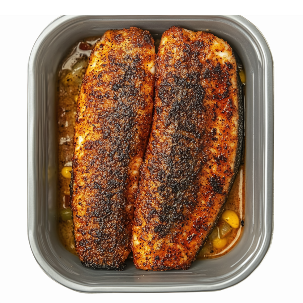 Grilled Spicy Fish Fillets Perfectly Cooked in a Baking Dish for Healthy Meal Preparation png
