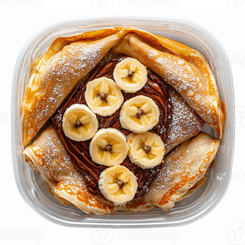 Delicious Banana Crepes with Nutella Topped with Sliced Bananas and Powdered Sugar png