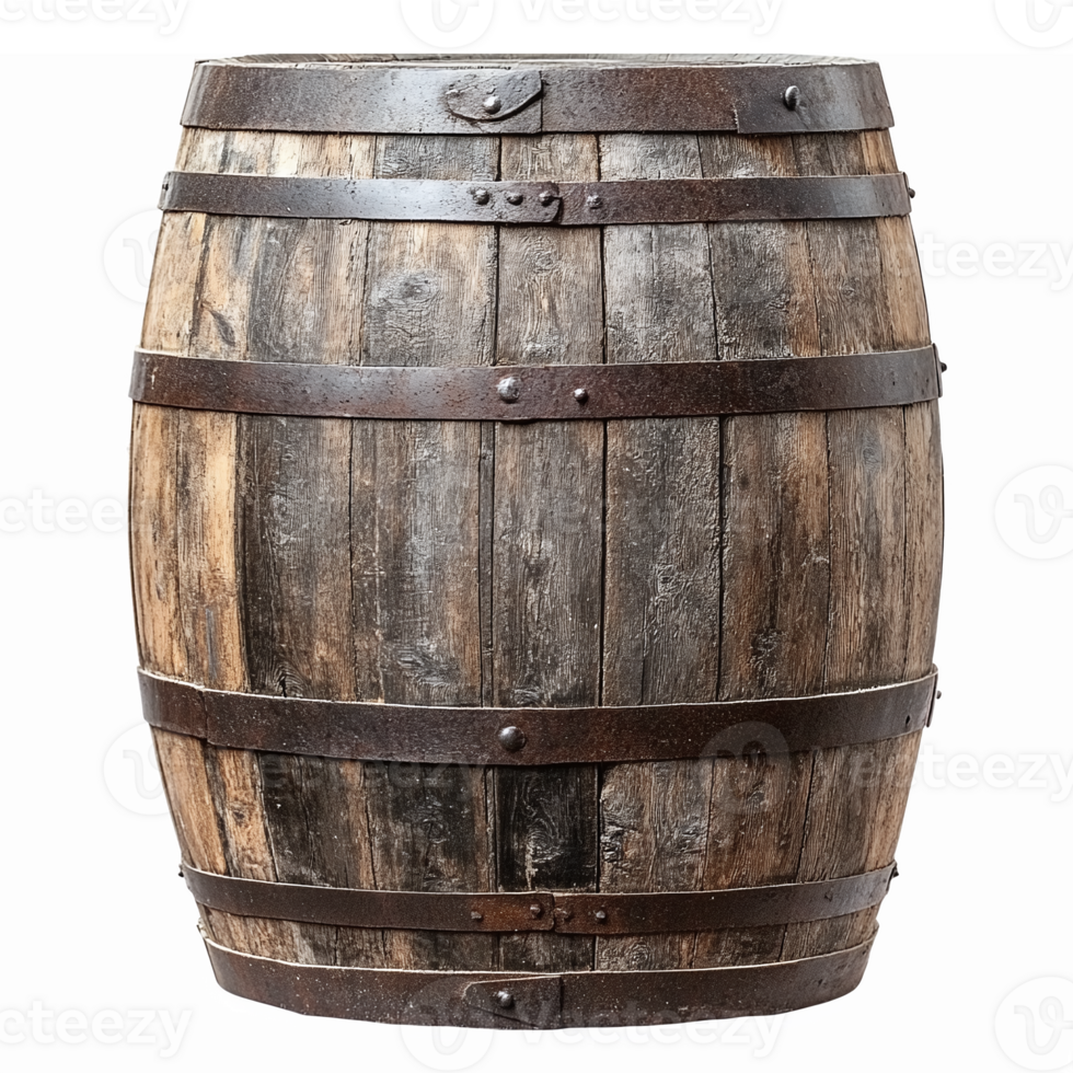 Rustic Wooden Barrel with Metal Bands for Vintage Decor Garden Storage and Wine Display png