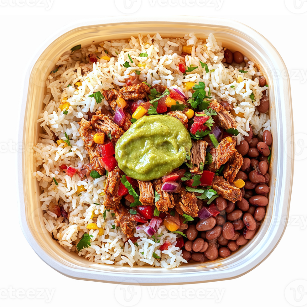 Delicious Rice Bowl with Shredded Chicken Beans Corn and Avocado Salsa Healthy Meal Prep png