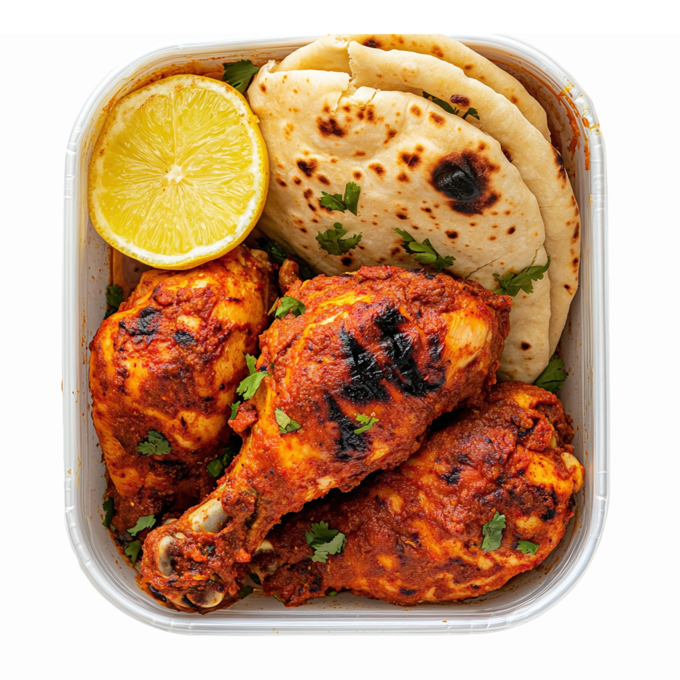 Delicious Grilled Chicken Drumsticks with Lemon and Fresh Naan Bread in Takeout Container png