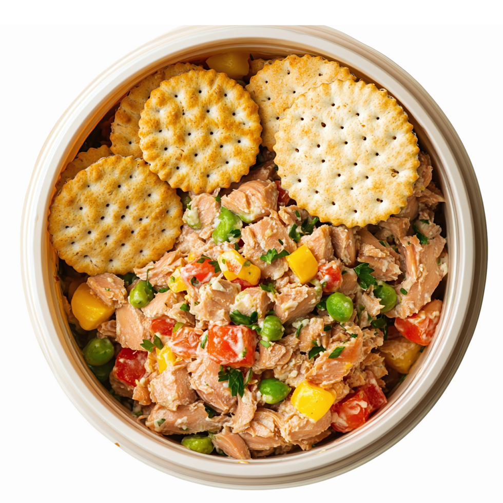 Savory Tuna Salad with Colorful Vegetables and Crackers in a Bowl Perfect for Healthy Snacking png