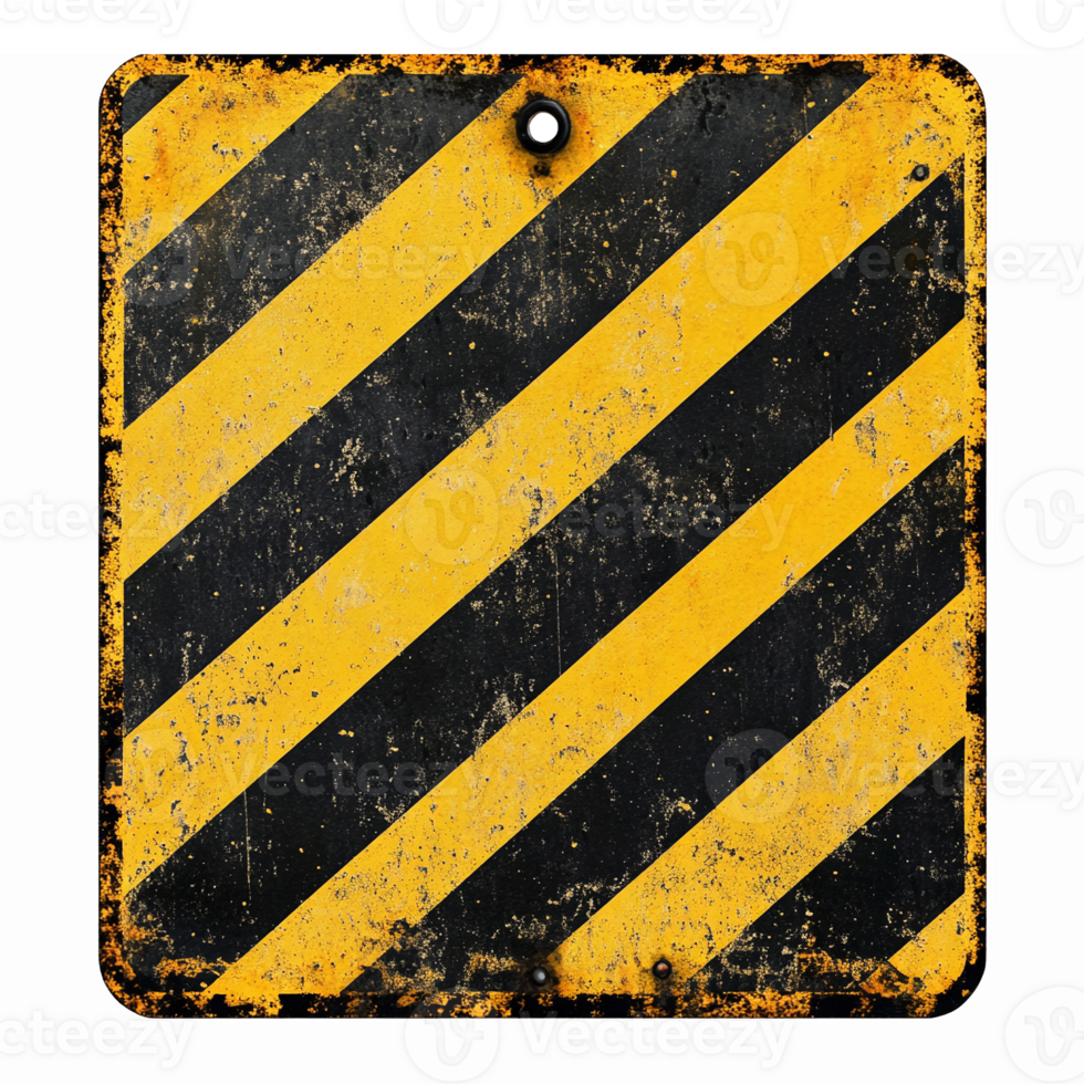 Industrial Warning Sign with Distressed Yellow and Black Diagonal Stripes for Safety Awareness png