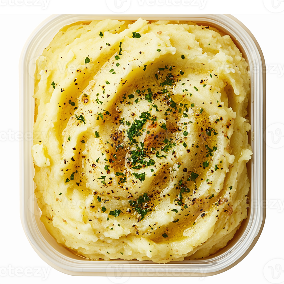 Delicious Creamy Mashed Potatoes Garnished with Parsley and Black Pepper in a Container png
