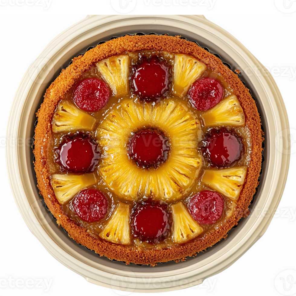Delicious Pineapple Upside Down Cake with Cherries and Golden Pineapple Slices png