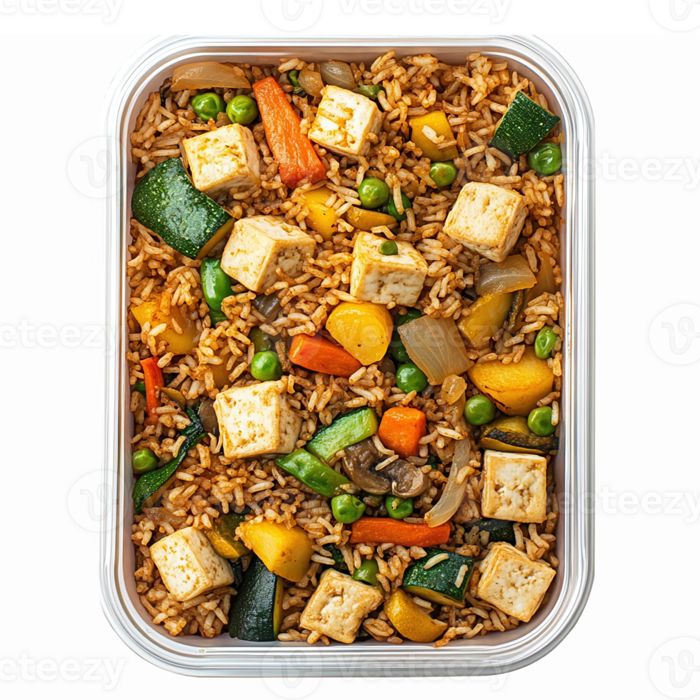 Delicious Stir Fry Rice with Tofu and Colorful Vegetables in a Transparent Container png