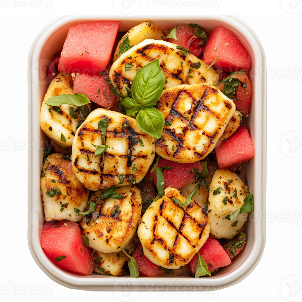 Grilled Halloumi Salad with Watermelon and Fresh Herbs in a Bowl png