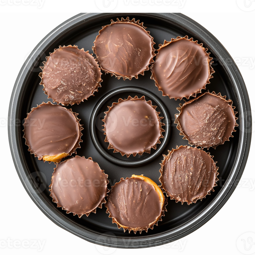Delicious Chocolate Candies in Round Black Tray Perfect for Celebrations and Gifting png