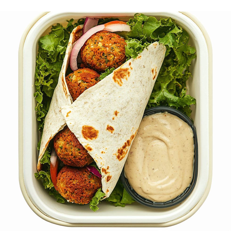 Fresh Falafel Wrap with Lettuce and Tahini Sauce in Takeout Container for Healthy Eating png