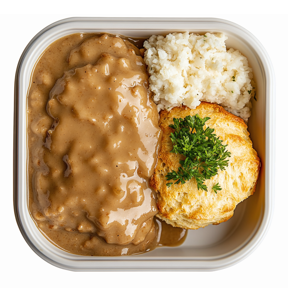 Delicious Country Style Meatloaf with Gravy Mashed Potatoes and Biscuit on White Background png