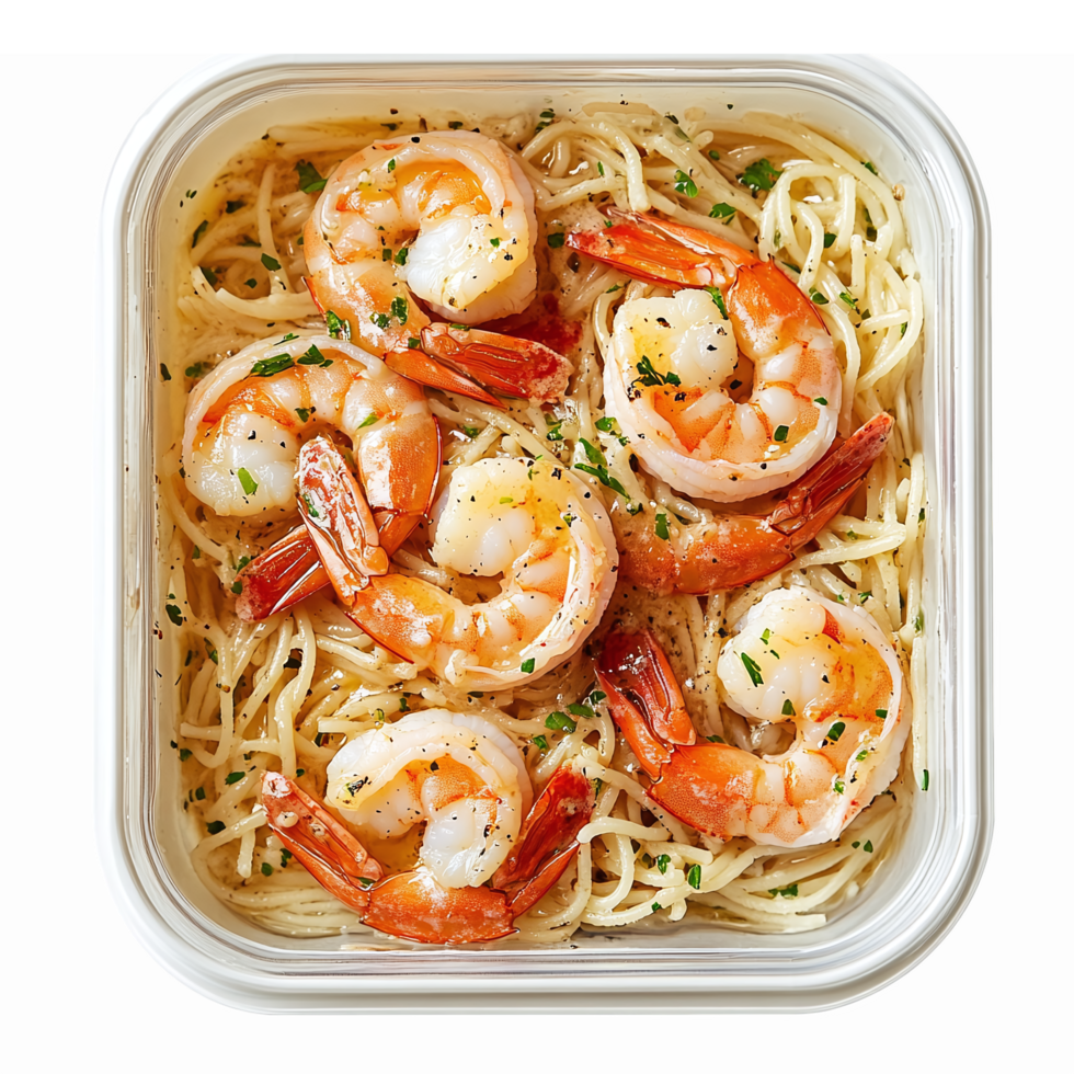 Delicious Shrimp Pasta Dish with Garlic Butter Sauce and Herbs in Transparent Container png