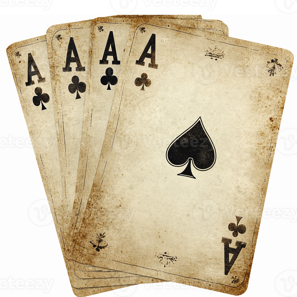 Four Vintage Playing Cards depicting Four Aces in Weathered Style on Transparent Background png