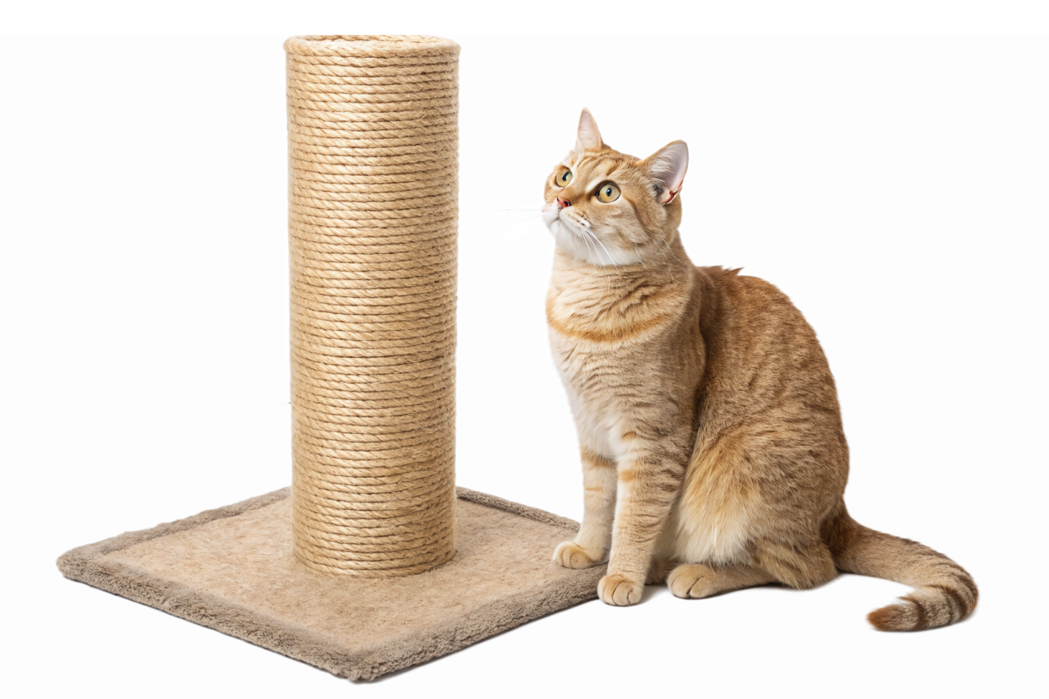 Playful Orange Cat Sitting Beside Scratching Post with Natural Sisal Rope for Cats png