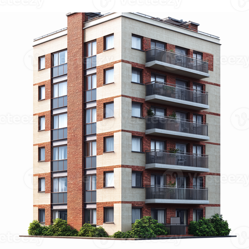 Modern Residential Building with Balconies and Greenery in Urban Setting png