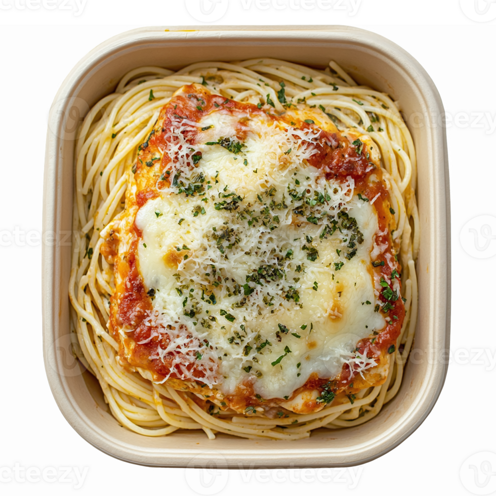 Delicious Baked Spaghetti with Marinara Sauce and Melted Cheese in Eco Friendly Container png