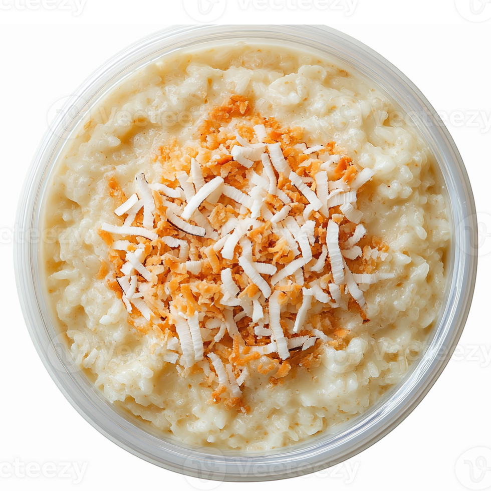 Creamy Coconut Rice Pudding Topped with Toasted Coconut Flakes in Clear Bowl png