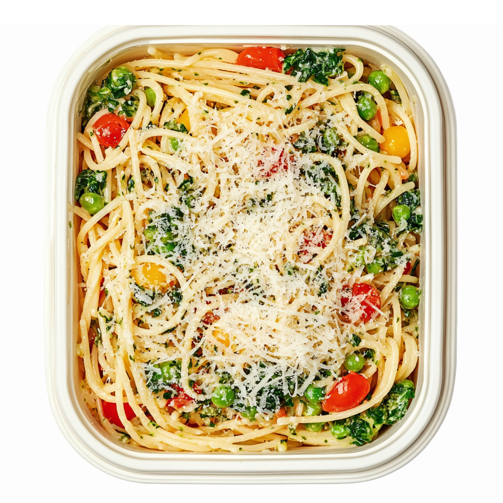 Delicious Pasta Primavera with Colorful Vegetables and Parmesan Cheese in a White Container png