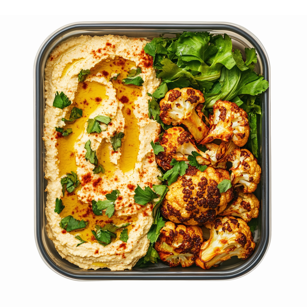 Healthy Hummus Bowl with Roasted Cauliflower and Fresh Greens on a Transparent Background png