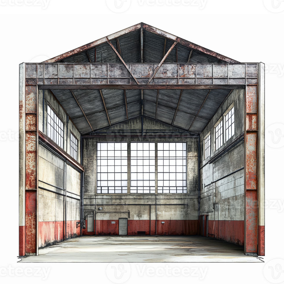 Rustic Warehouse Interior with High Ceilings and Large Windows for Industrial Design Projects png