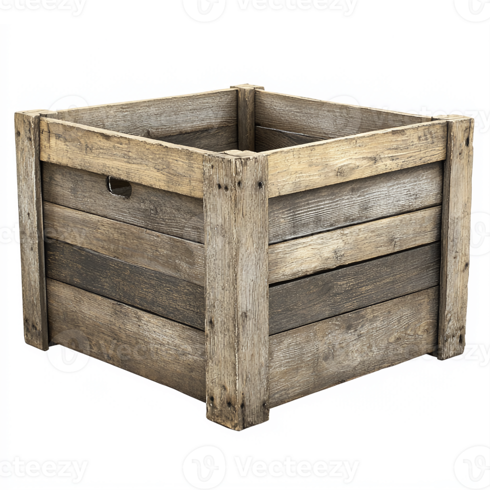 Rustic Wooden Storage Box with Open Top and Detailed Grain for Home Decor and Gardening png