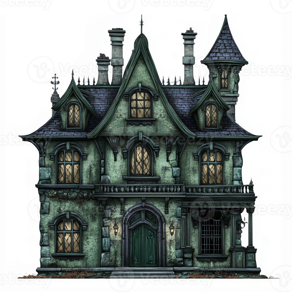 Haunted Victorian Mansion Illustration with Spooky Architecture for Halloween Decor and Events png