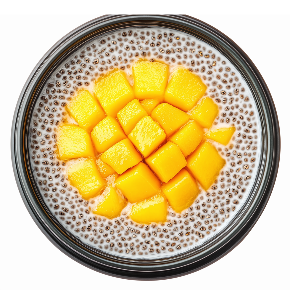 Delicious Mango Chia Seed Pudding with Fresh Mango Cubes in a Modern Bowl Design png