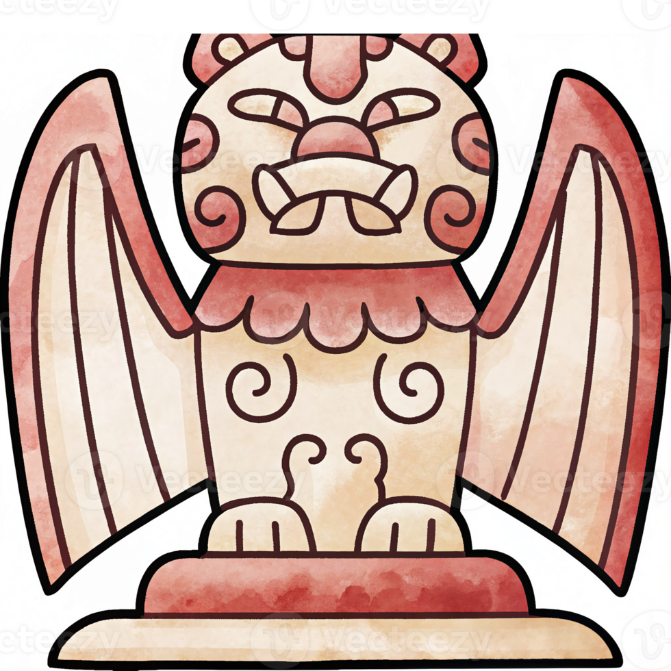 Ancient Mythical Winged Lion Statue Illustration with Intricate Designs and Warm Tones png