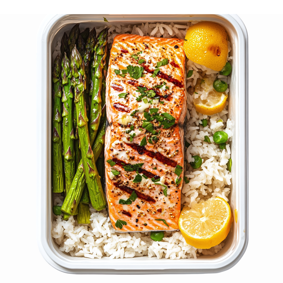 Grilled Salmon Fillet with Asparagus Rice and Lemon Garnish Healthy Meal Preparation png
