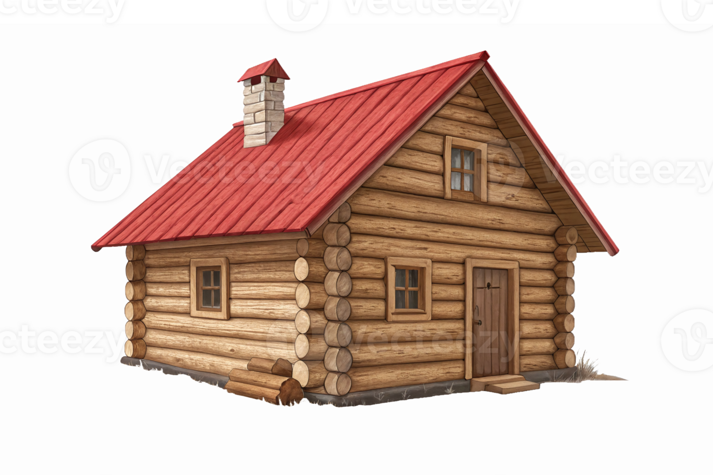 Charming Wooden Log Cabin with Red Roof and Stone Chimney for Cozy Cottage Illustrations png