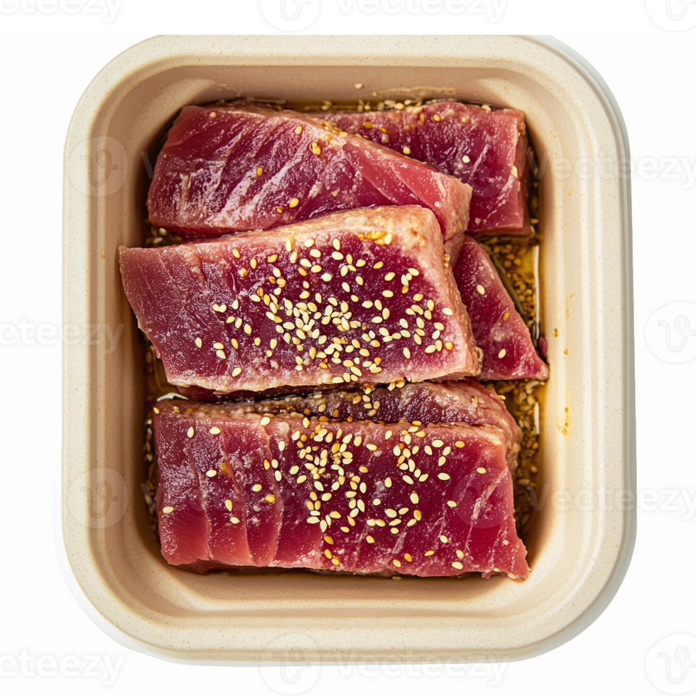 Fresh Premium Sliced Tuna Steak Portions with Sesame Seeds in Sustainable Bamboo Container png