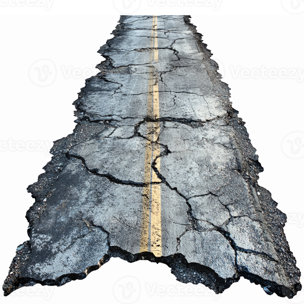 Cracked Asphalt Road with Yellow Lines 3D Perspective Design for Urban Landscapes png