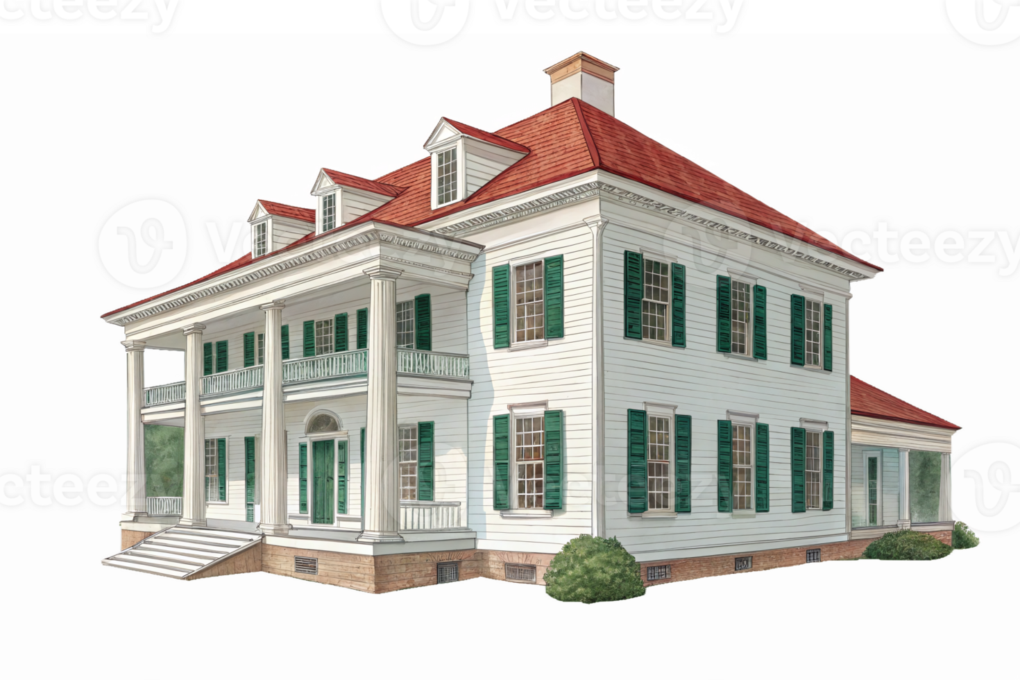 Beautiful Colonial Style House with Green Shutters and Red Roof on Transparent Background png