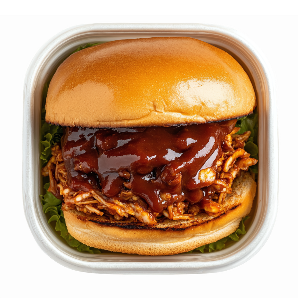 Savory Pulled Chicken BBQ Sandwich with Sweet Sauce on Fresh Lettuce in a Soft Bun png