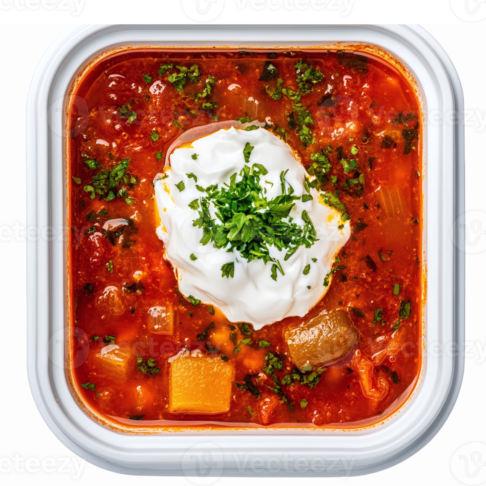 Delicious Vegetable Soup with Sour Cream and Fresh Herbs in White Square Container png