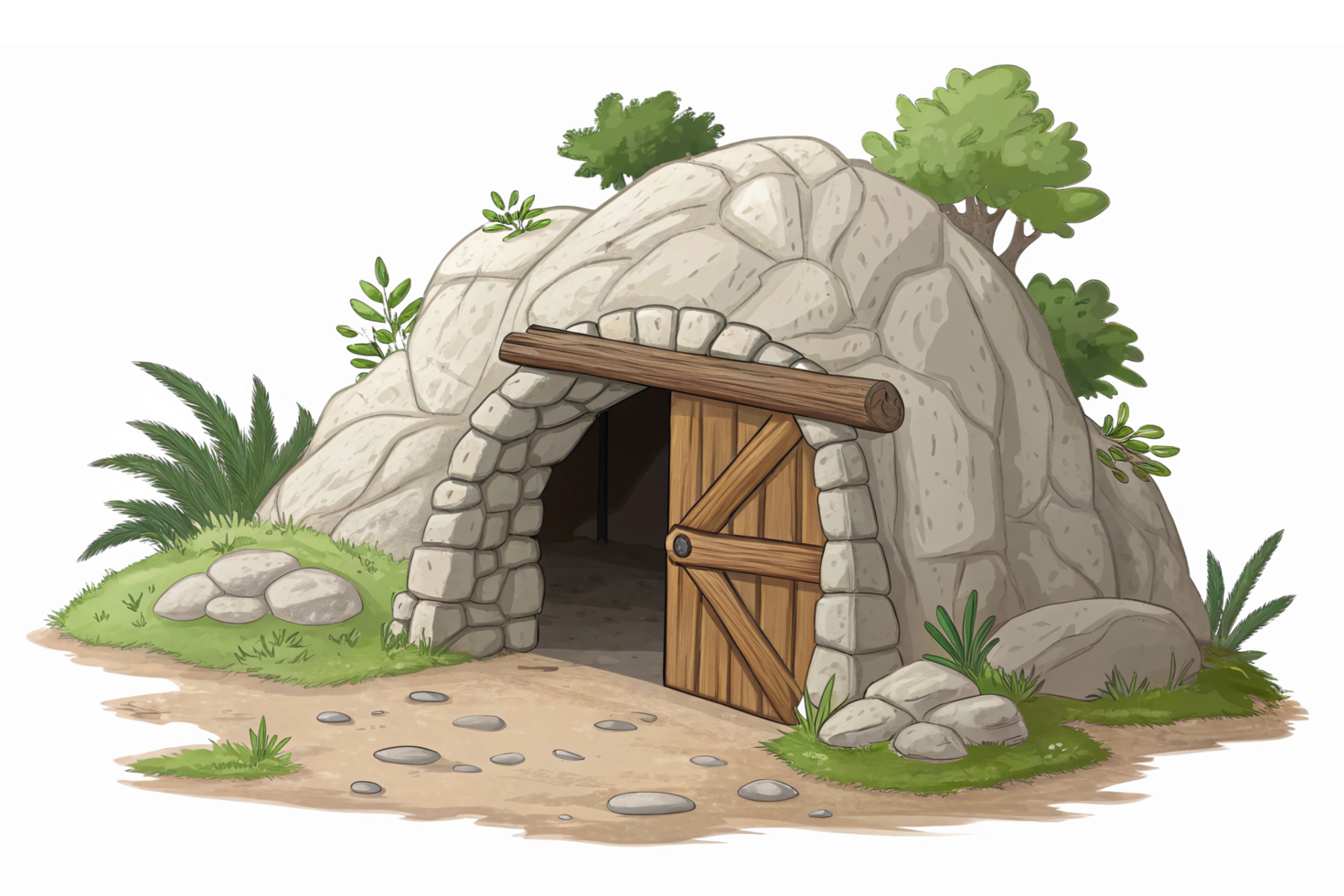 Illustration of a Stone Cave Entrance Surrounded by Vegetation and Pathway in a Natural Setting png
