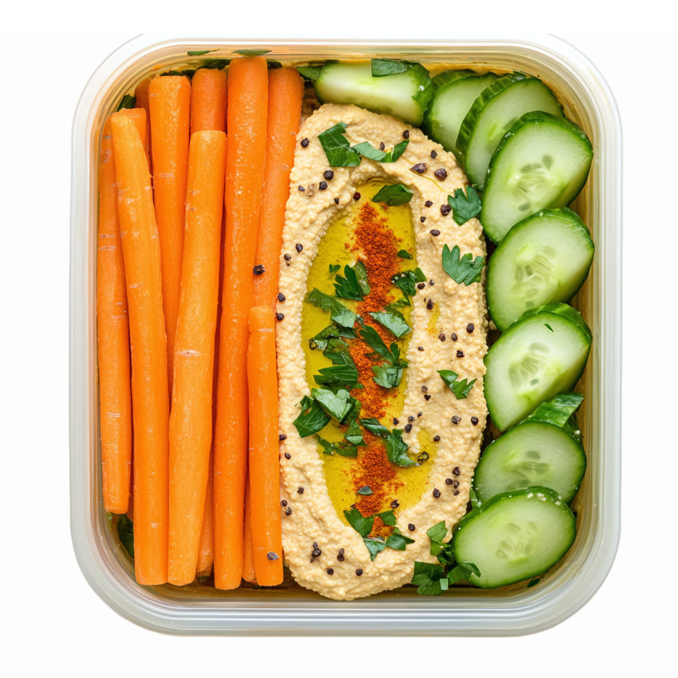 Healthy Snack Box with Hummus Carrots Cucumbers Fresh Ingredients Nutrient Packed png