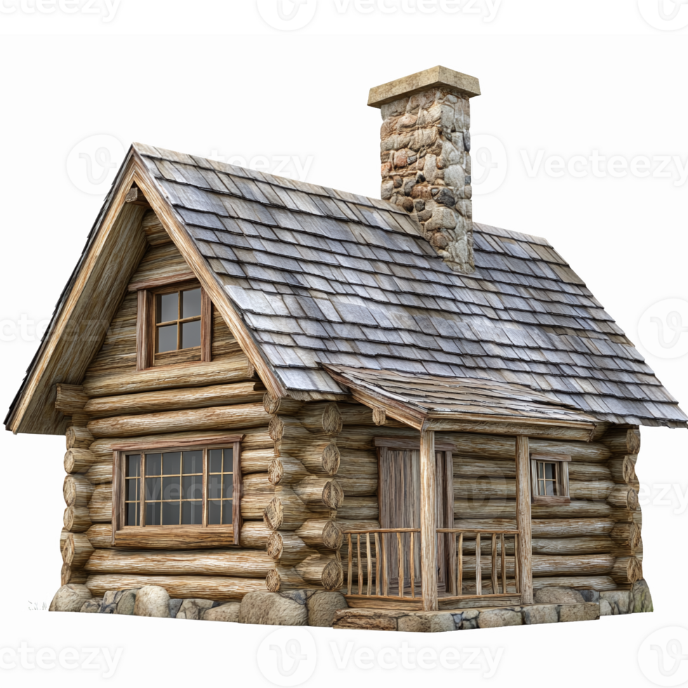 Detailed Rustic Log Cabin with Stone Chimney and Shingle Roof for Nature Inspired Projects png
