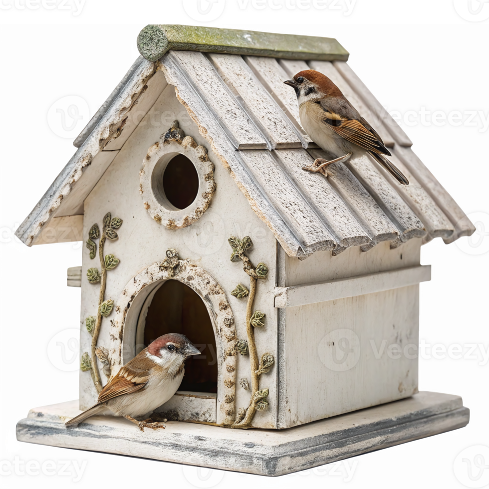 Wooden Birdhouse with Sparrow Birds Perched Indoor and Outdoor Decor for Nature Enthusiasts png