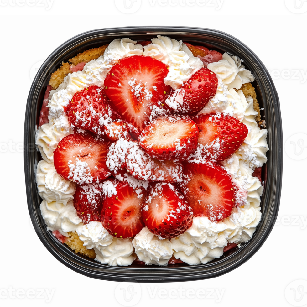 Delicious Strawberry Shortcake Dessert with Whipped Cream and Coconut Flakes in a Clear Container png