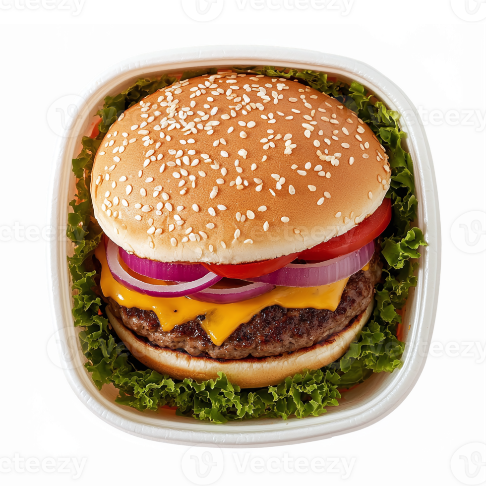 Delicious Cheeseburger with Fresh Lettuce Tomato Onion and Sesame Seed Bun on White Background png