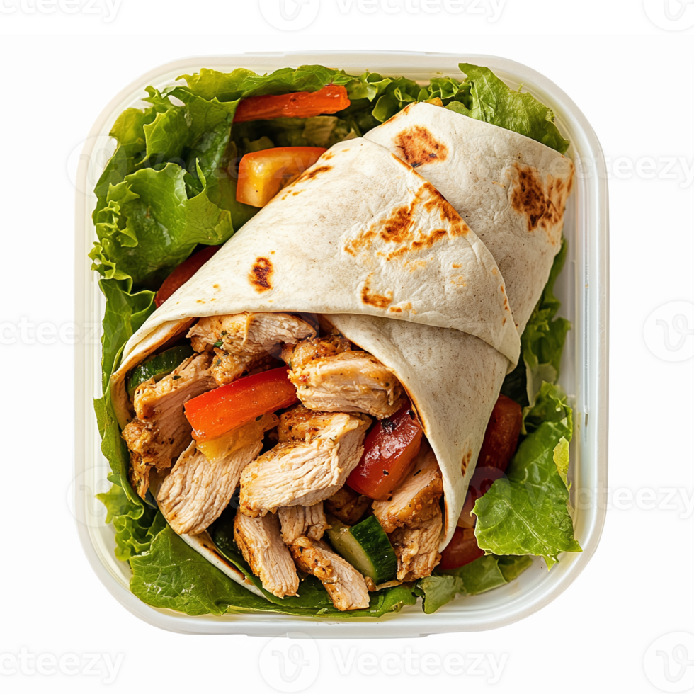Delicious Chicken Wrap with Fresh Vegetables in a Takeout Container for Healthy Meals png