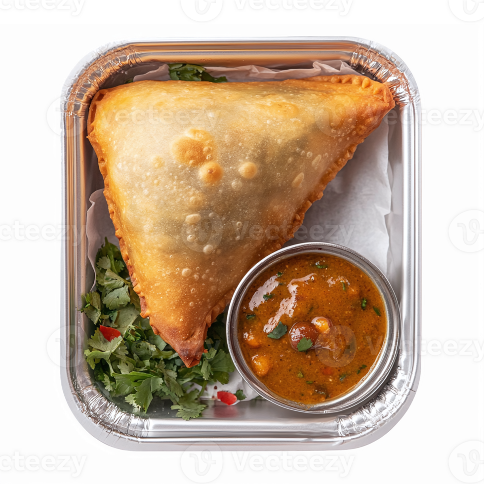 Delicious Samosa with Curry Sauce and Fresh Salad in Takeout Container on Transparent Background png