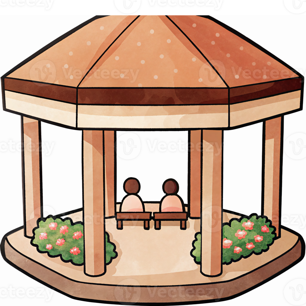 Charming Gazebo with Two People Sitting Surrounded by Colorful Flowers on Transparent Background png