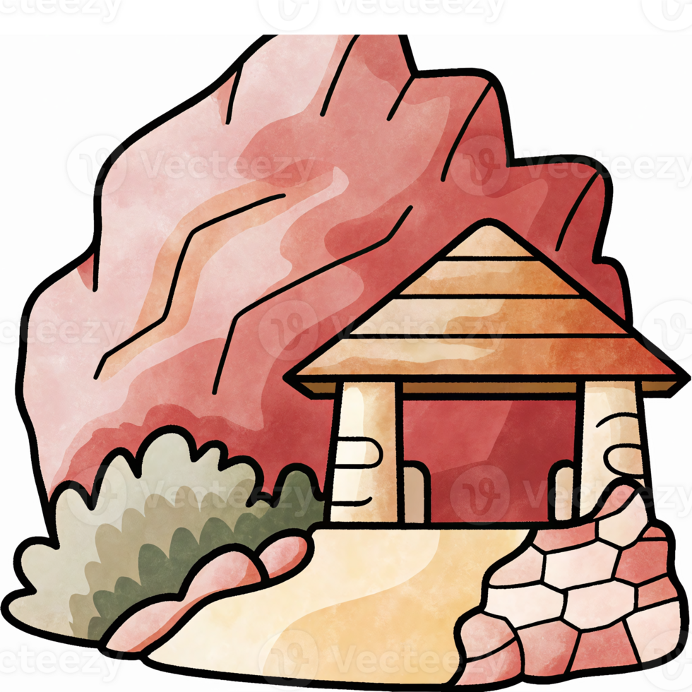 Desert Landscape with Traditional Shelter and Rocky Background in Soft Watercolor Style png