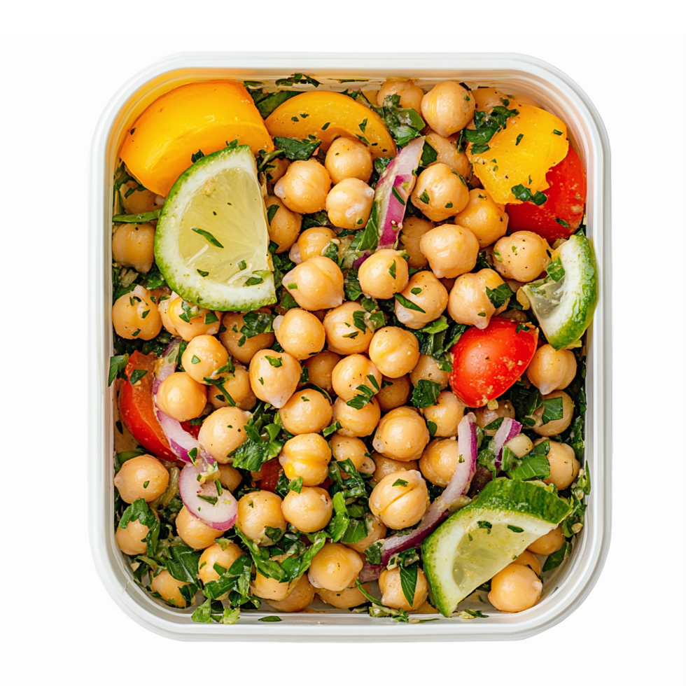 Fresh Chickpea Salad with Colorful Vegetables and Herbs in Clear Container png