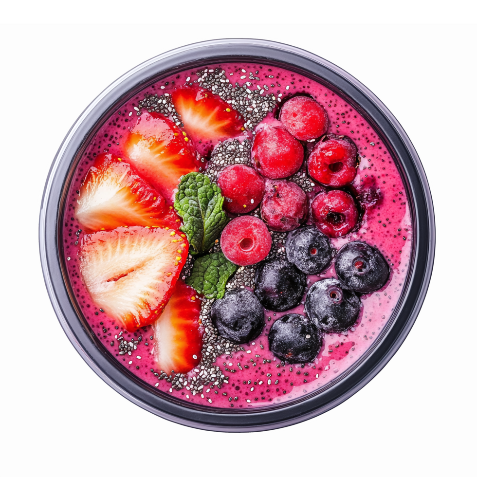 Vibrant Berry Smoothie Bowl with Fresh Strawberries Raspberries Blueberries and Mint png