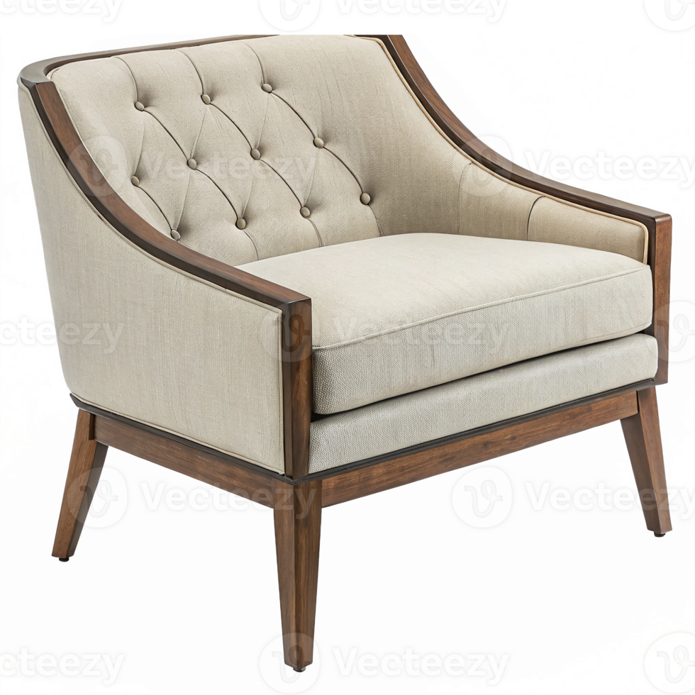 Modern Upholstered Armchair with Stylish Tufted Back and Wooden Frame for Contemporary Living Spaces png
